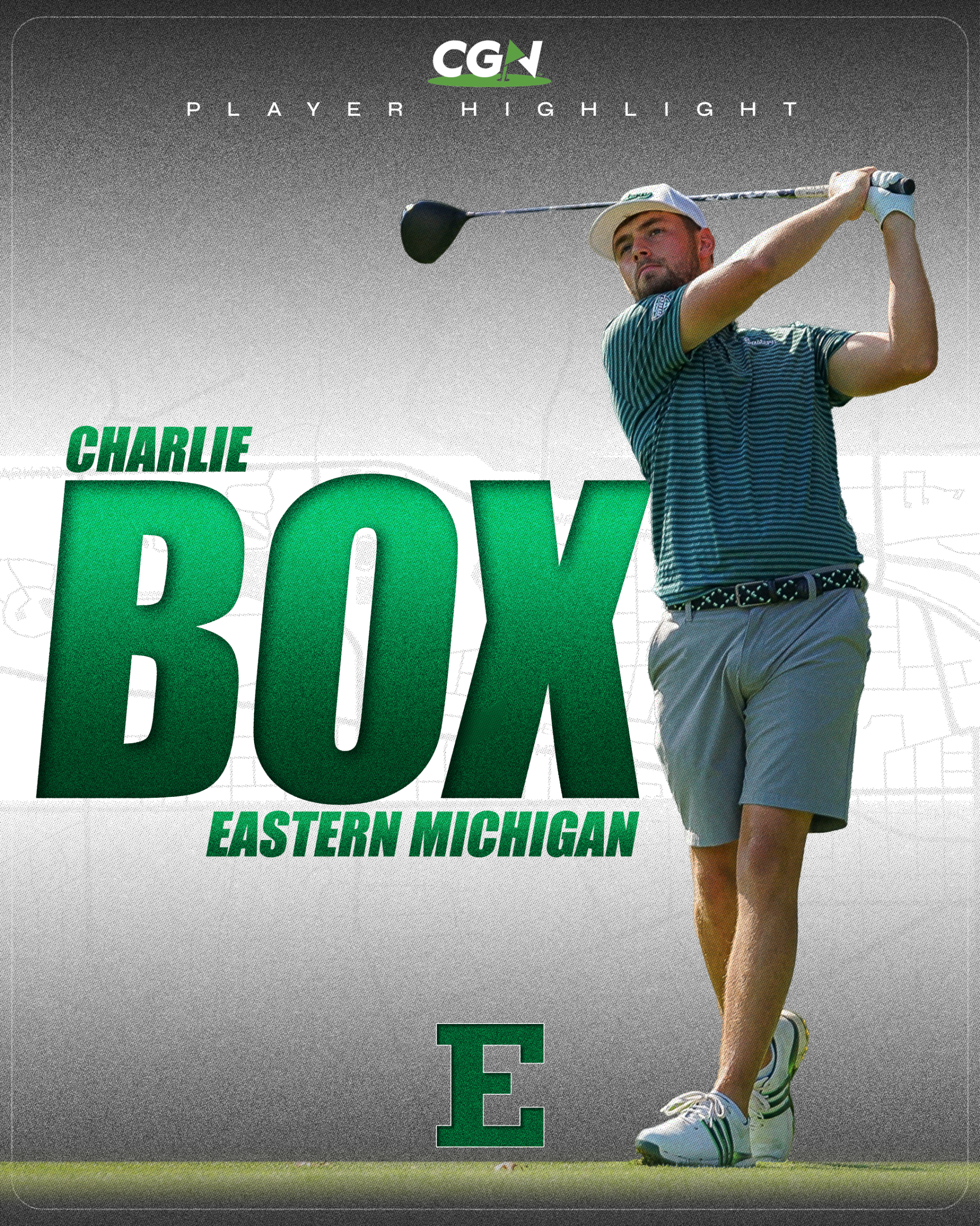Eastern Michigan golfer Charlie Box holds his driver finish after a tee shot, featured on a CGN Player Highlight graphic with his name and school in bold green lettering.