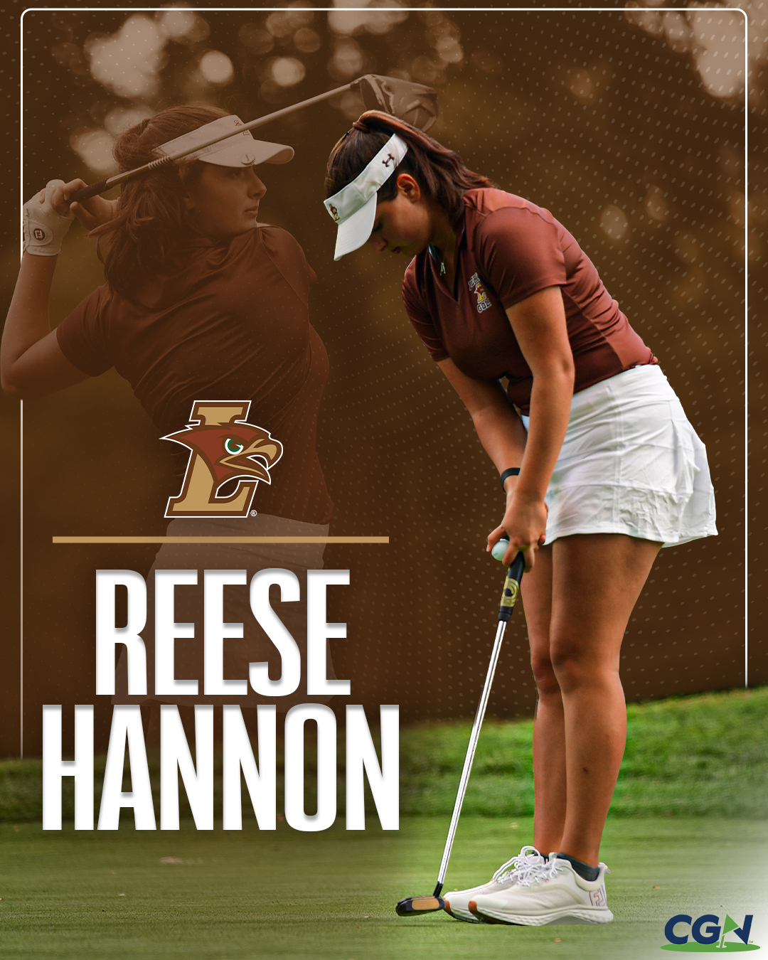 Reese Hannon lines up a putt during a Lehigh women’s golf event, with a secondary action photo blended behind her and the Lehigh Mountain Hawks logo displayed.