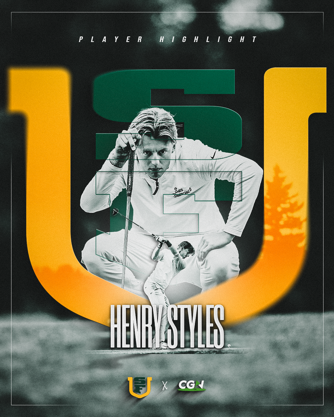 CGN player highlight graphic of University of San Francisco golfer Henry Styles lining up a putt with a large green and gold USF logo in the background.