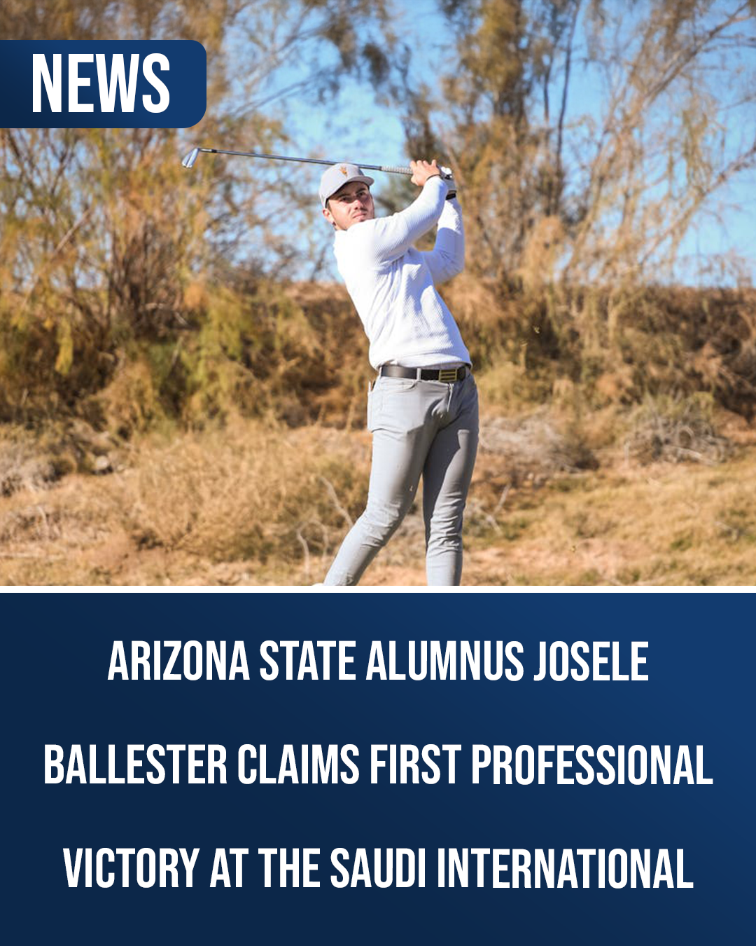 Josele Ballester swings during a tournament round, with trees in the background, accompanied by text announcing his first professional victory at the Saudi International.