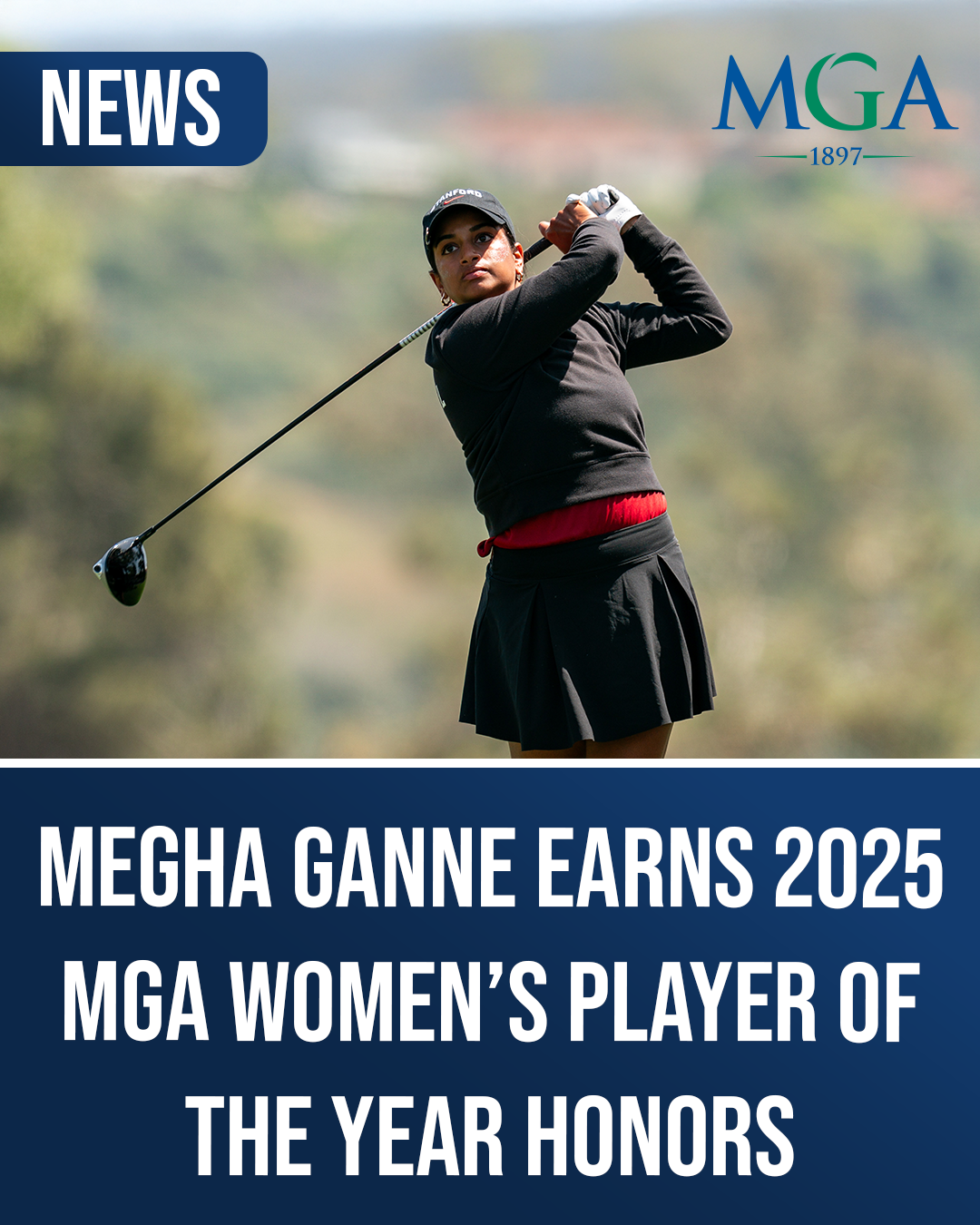 Megha Ganne swings a driver on the course with the MGA logo in the top right and a blue banner reading: Megha Ganne Earns 2025 MGA Women’s Player of the Year Honors.