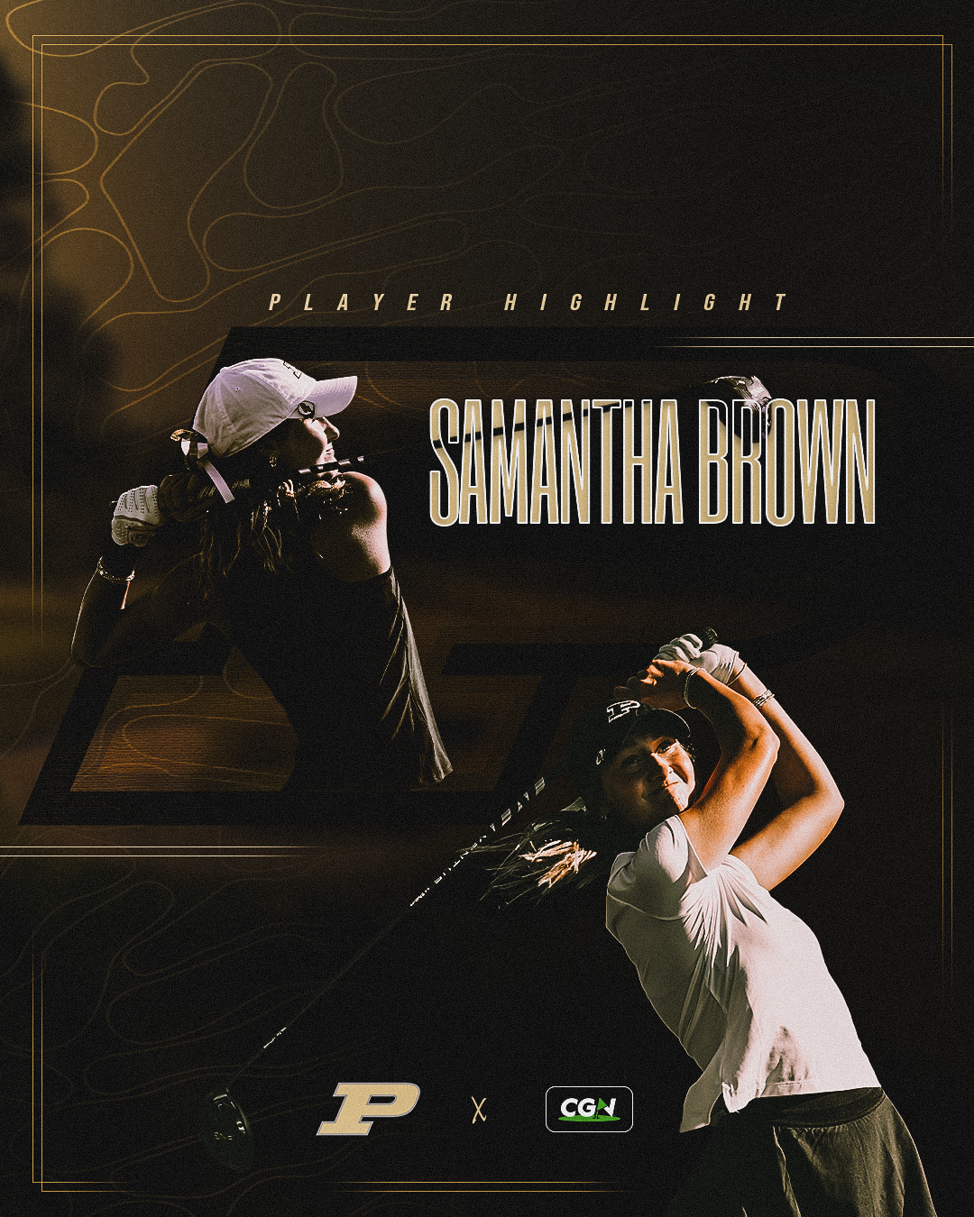 Samantha Brown hits a tee shot in a composite CGN and Purdue Women’s Golf player highlight graphic.