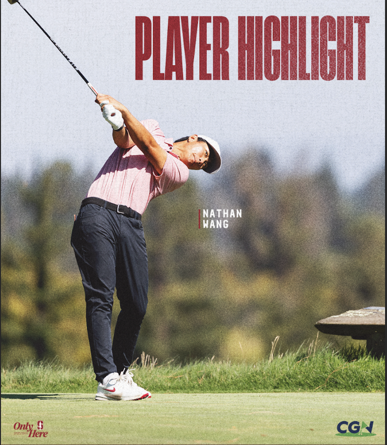Stanford golfer Nathan Wang finishes his swing on a green with “Player Highlight” text and CGN branding.