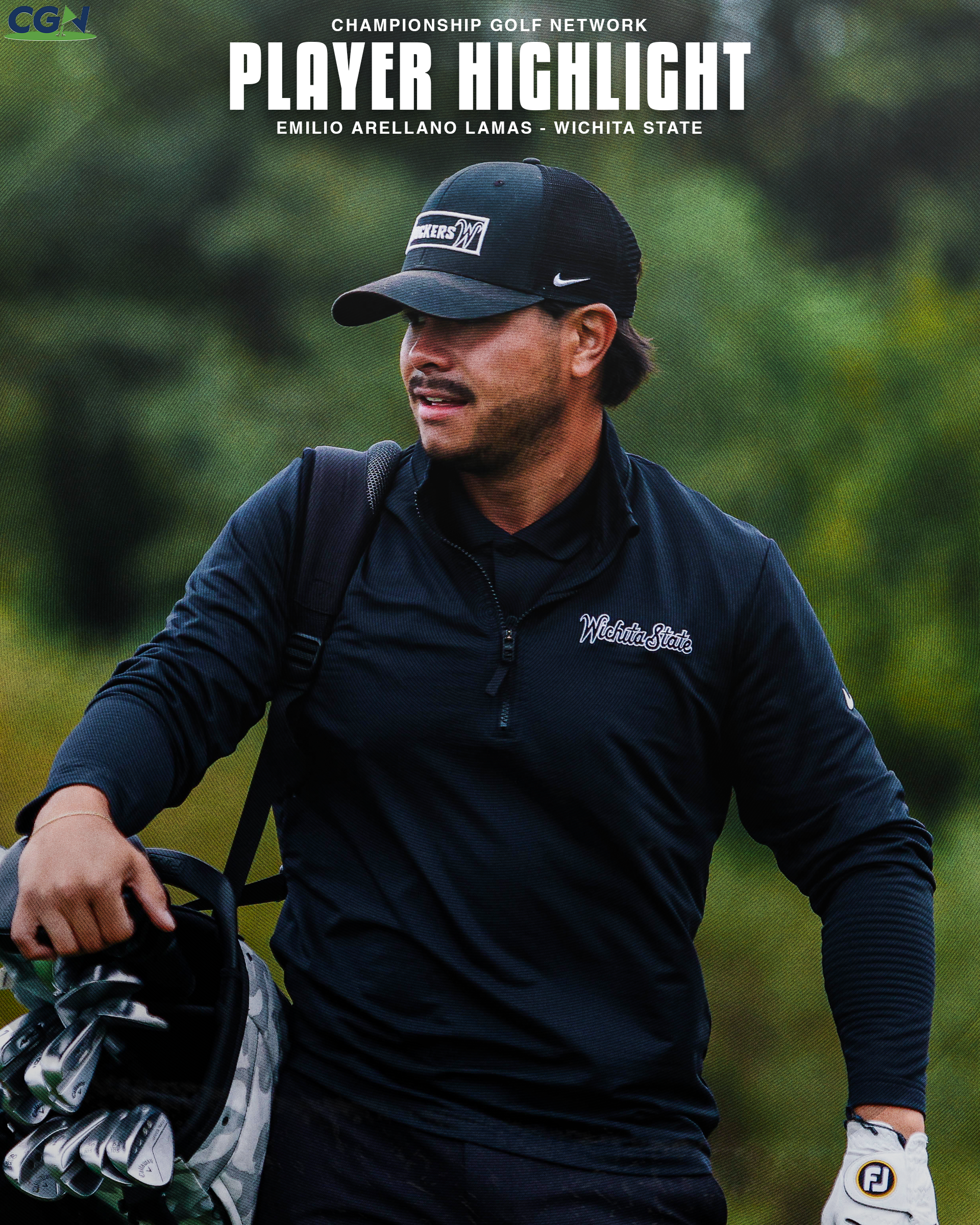 Emilio Arellano Lamas of Wichita State walking the course during competition, carrying his golf bag and wearing Shockers apparel.