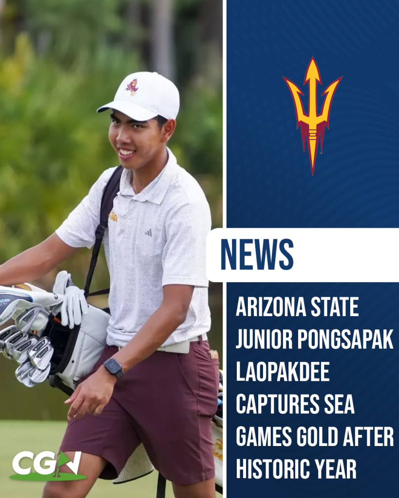 Arizona State junior Pongsapak "Fifa" Laopakdee walks the course carrying his golf bag during competition, wearing Sun Devils gear.
