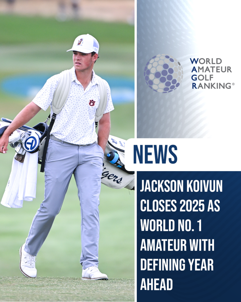 Jackson Koivun of Auburn walks the fairway during competition in 2025, carrying his golf bag as the world’s No. 1 ranked amateur.