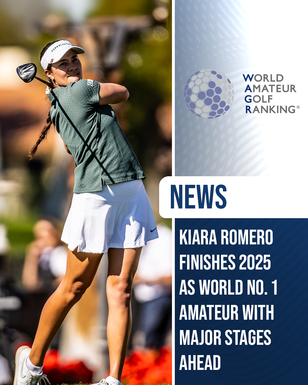 Kiara Romero of Oregon follows through on a tee shot during competition, finishing 2025 as the world’s No. 1 amateur in the World Amateur Golf Ranking.