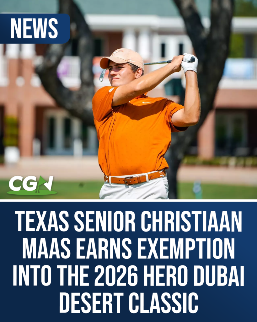 Texas senior Christiaan Maas follows through on a tee shot during a college golf event, highlighting his exemption into the 2026 Hero Dubai Desert Classic.