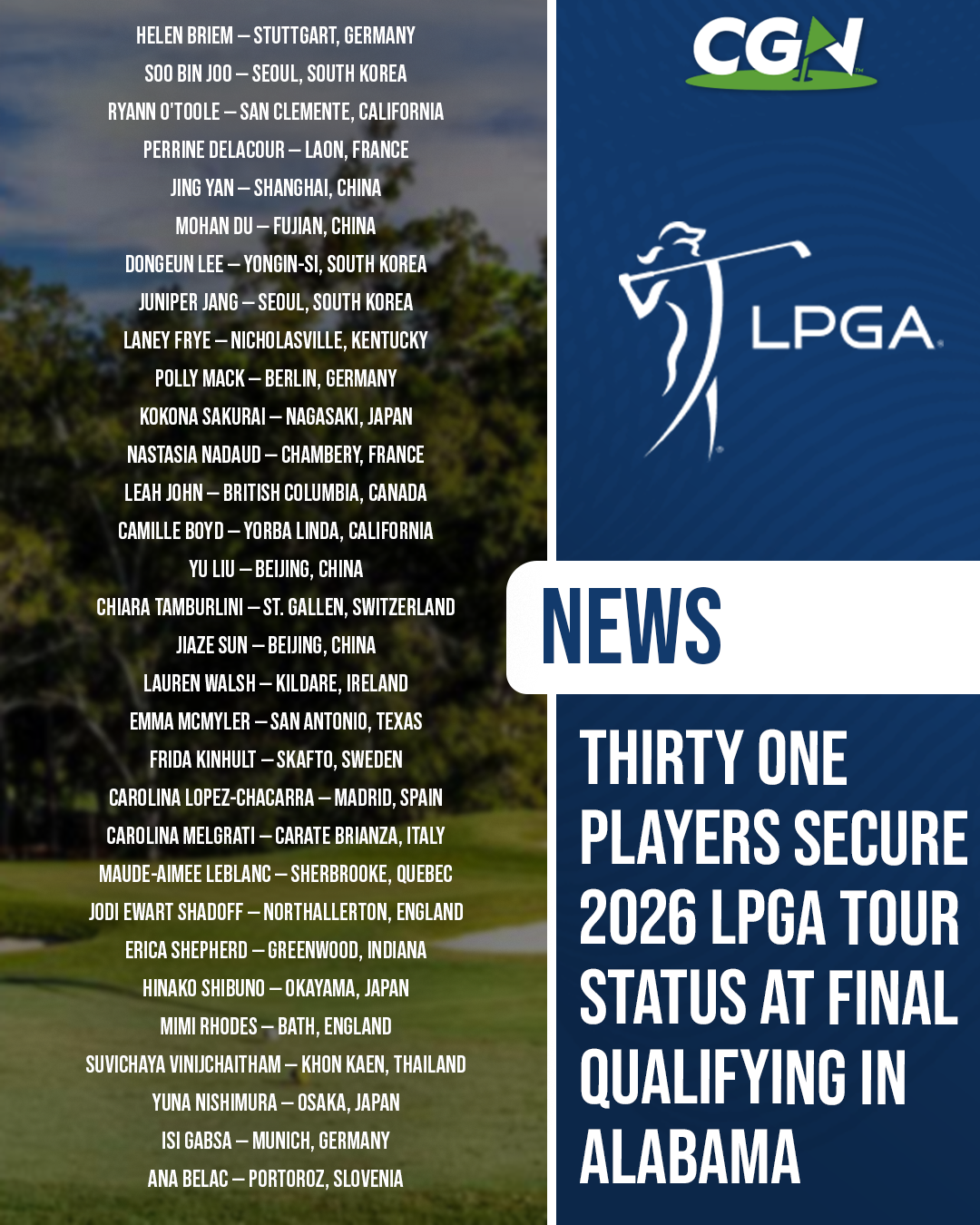 Graphic listing the thirty one players who secured 2026 LPGA Tour status at Final Qualifying in Alabama, featuring player names, hometowns, and the LPGA and CGN logos.