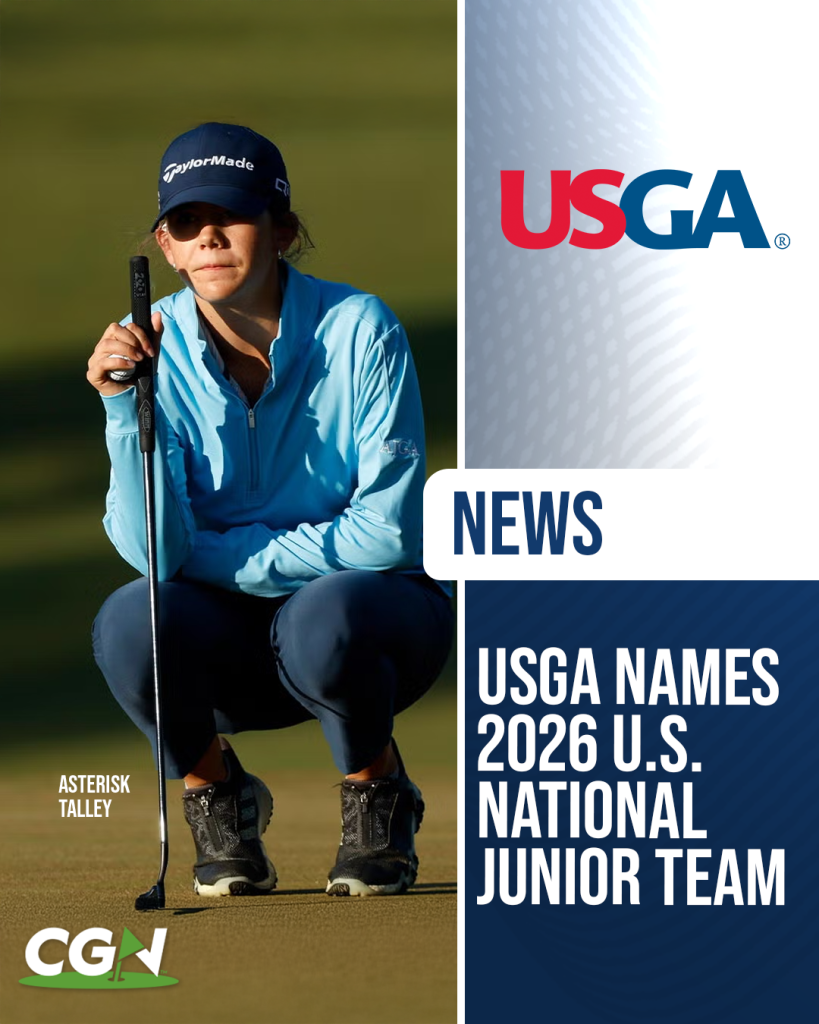 Asterisk Talley crouches on the putting green during competition, representing the announcement of the 2026 U.S. National Junior Team by the USGA.