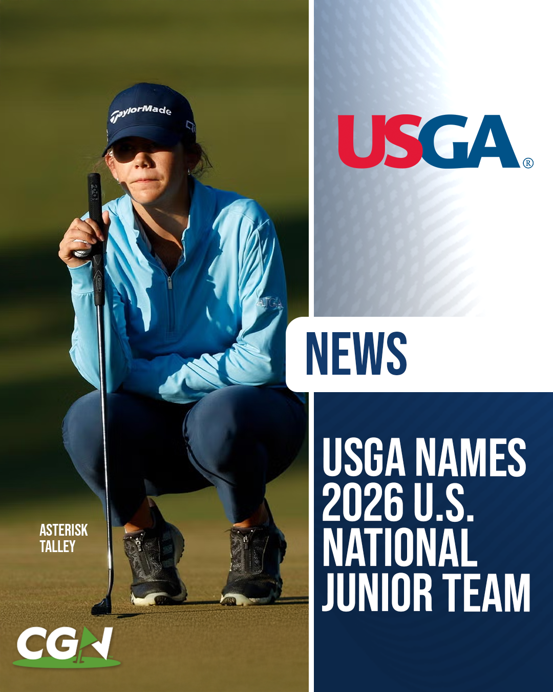 Asterisk Talley crouches on the putting green during competition, representing the announcement of the 2026 U.S. National Junior Team by the USGA.