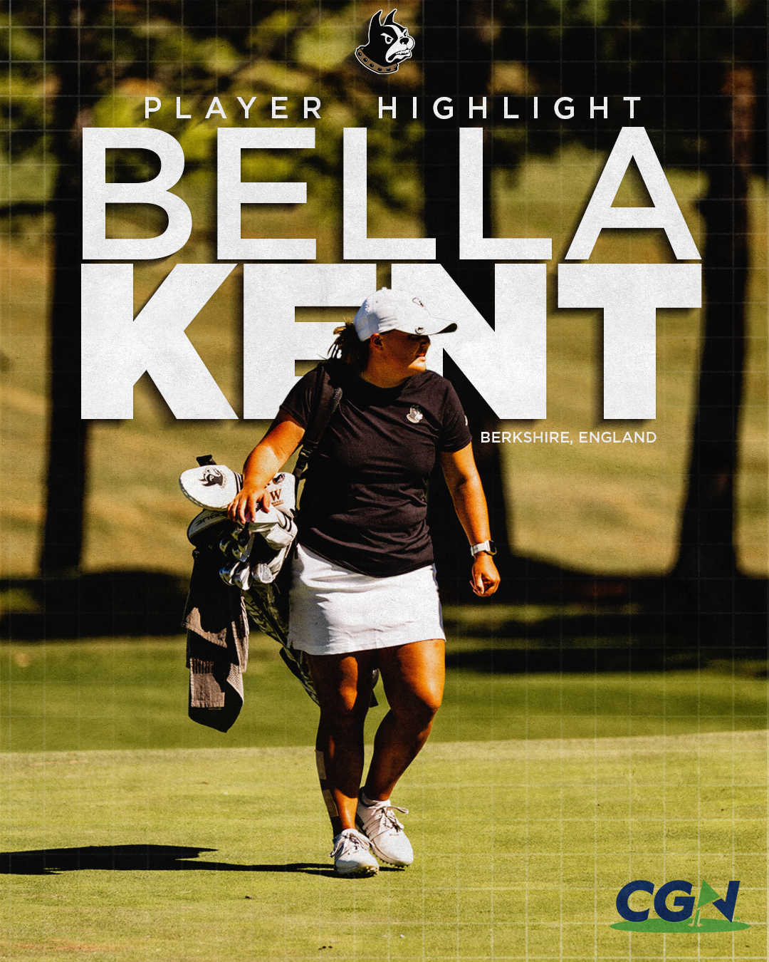 Bella Kent of Wofford College walks the fairway during competition, carrying her golf bag, featured in a CGN Player Highlight graphic highlighting her background from Berkshire, England.