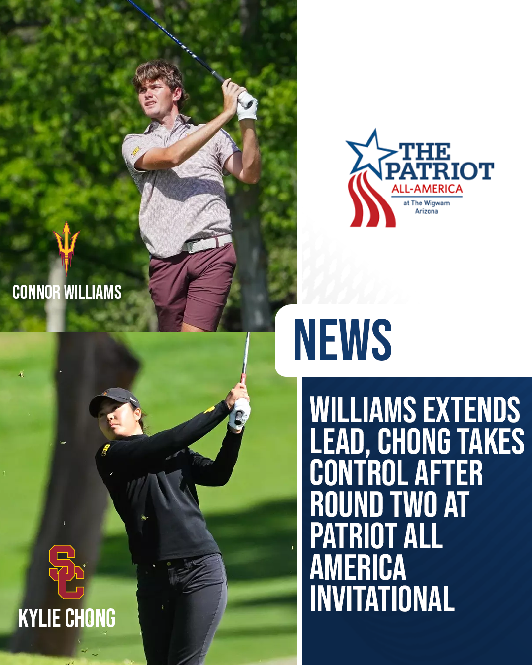 Connor Williams of Arizona State and Kylie Chong of USC shown in action during round two of the Patriot All America Invitational at The Wigwam Golf Club in Litchfield Park Arizona