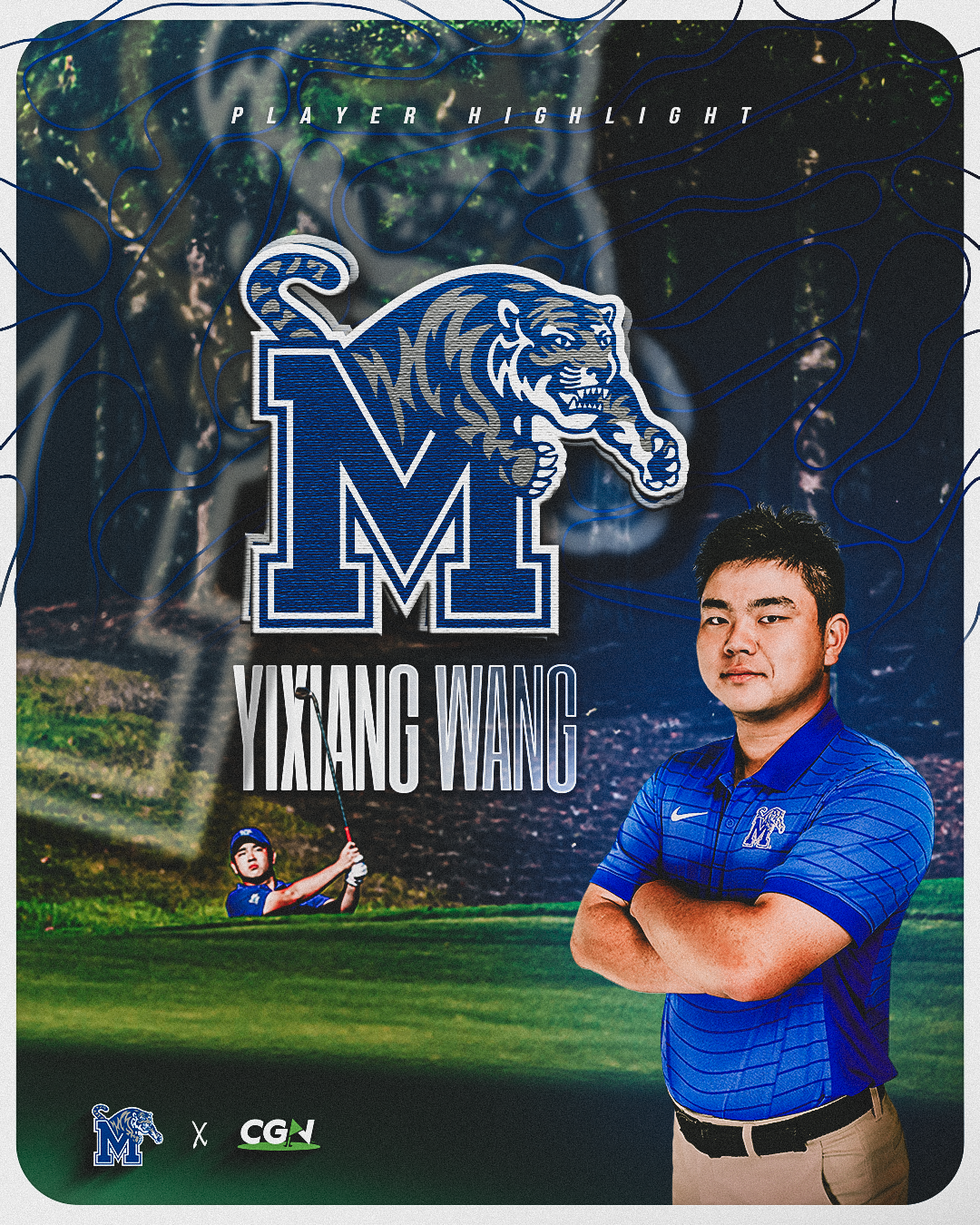 Yixiang Wang of the University of Memphis poses in a CGN player highlight graphic featuring the Memphis Tigers logo and an in action golf image.
