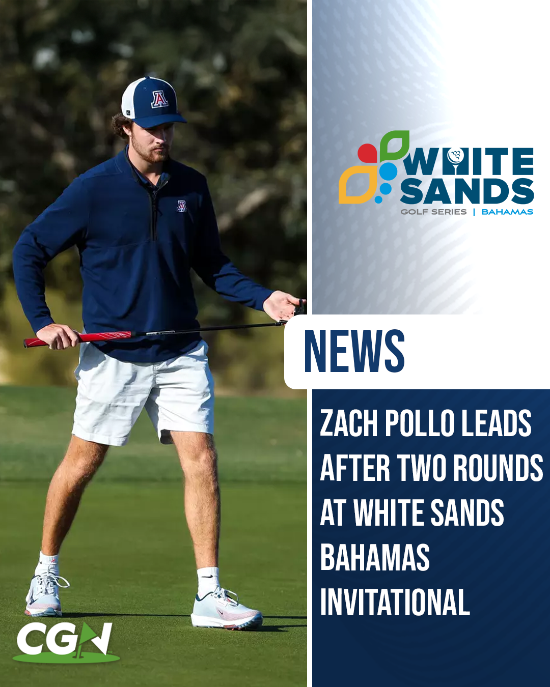 Arizona golfer Zach Pollo lines up a putt during the White Sands Bahamas Invitational, where he holds the individual lead after two rounds at Ocean Club Golf Course.