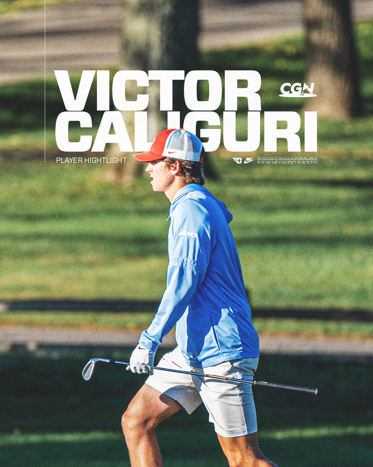 Victor Caliguri walks down the fairway holding a golf club during a CGN player highlight photoshoot.
