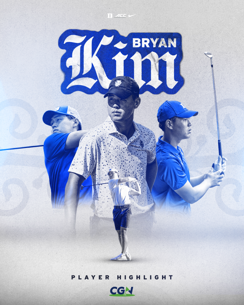 Graphic featuring Duke golfer Bryan Kim in multiple action poses with his name stylized in bold lettering and a CGN player highlight banner.