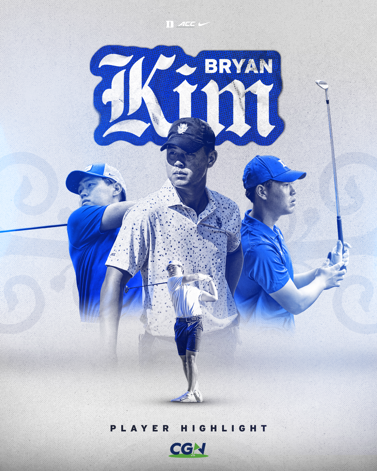 Graphic featuring Duke golfer Bryan Kim in multiple action poses with his name stylized in bold lettering and a CGN player highlight banner.
