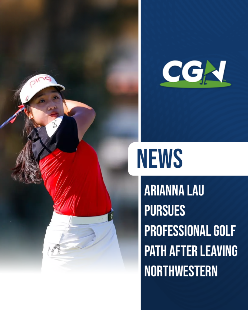 Arianna Lau follows through on a tee shot during competition, pictured in a red top and white visor as she begins her professional golf journey after leaving Northwestern.