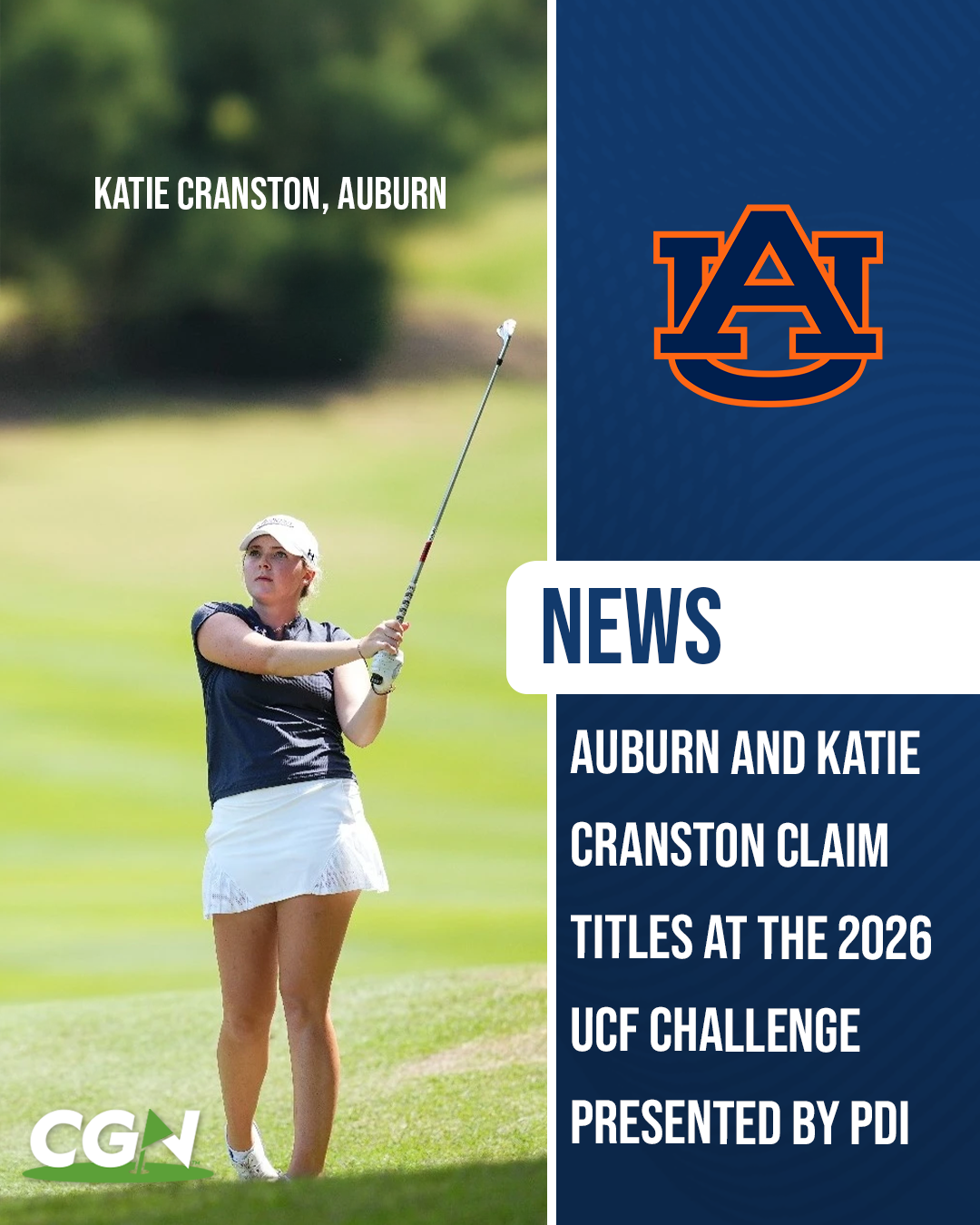 Auburn golfer Katie Cranston follows through on an iron shot during the 2026 UCF Challenge Presented by PDI, where she captured individual medalist honors as Auburn won the team title.