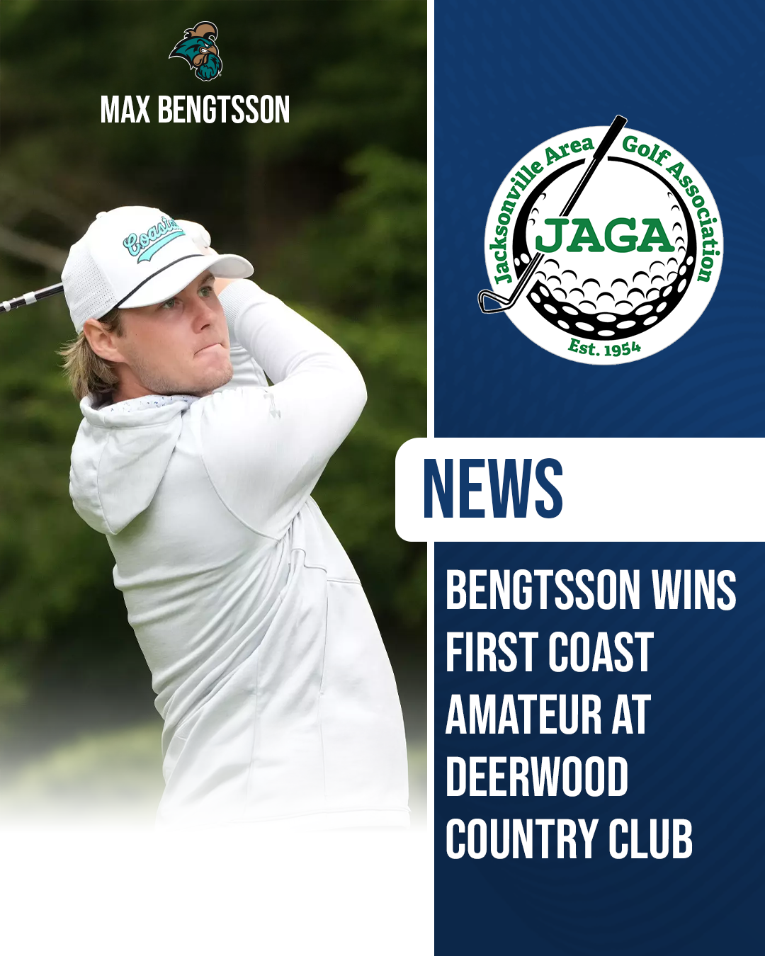 Max Bengtsson of Coastal Carolina follows through on his swing during his victory at the First Coast Amateur at Deerwood Country Club