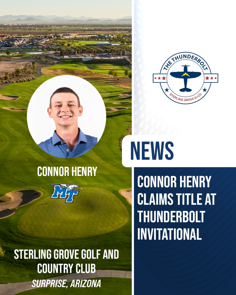 Connor Henry of Middle Tennessee State University celebrates his victory at the Thunderbolt Invitational at Sterling Grove Golf and Country Club in Surprise, Arizona.