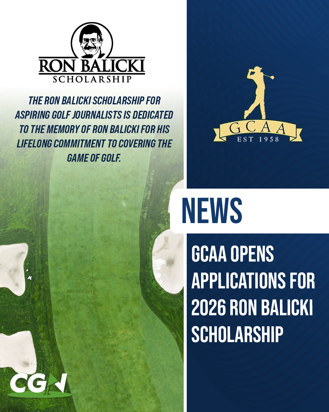 Graphic announcing that the GCAA has opened applications for the 2026 Ron Balicki Scholarship, featuring the Ron Balicki Scholarship logo and GCAA branding.