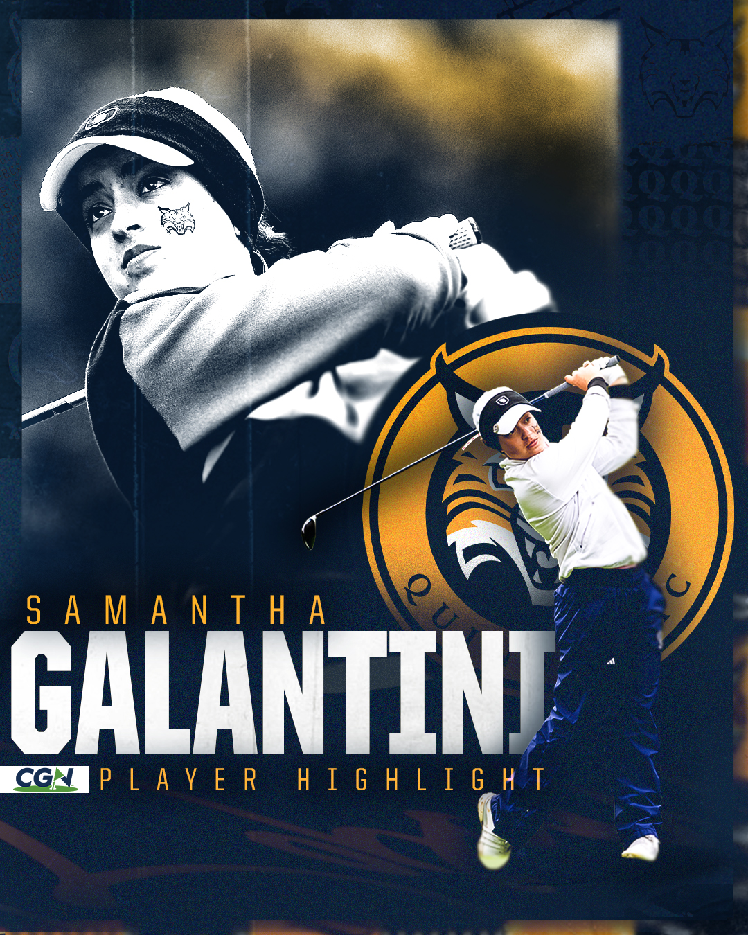 CGN Player Highlight graphic featuring Samantha Galantini with a black and white swing photo and a color swing cutout over a Quinnipiac Bobcats themed background.