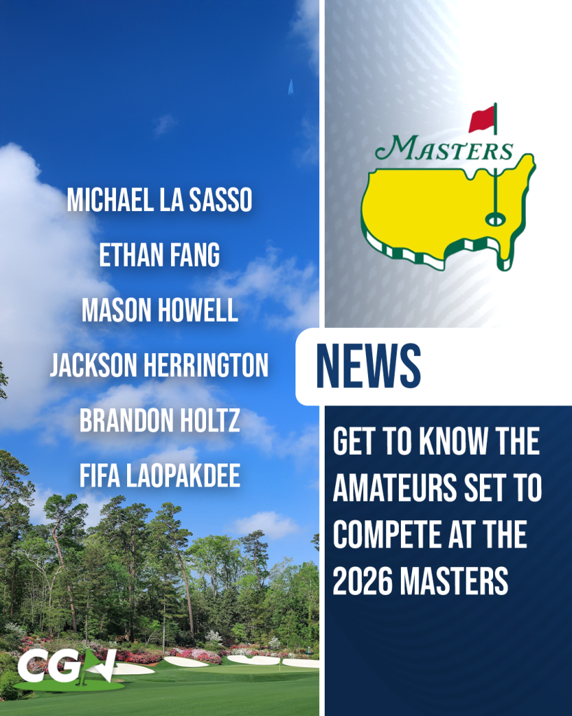 Graphic featuring the list of amateurs competing at the 2026 Masters alongside Augusta National imagery and the Masters logo.