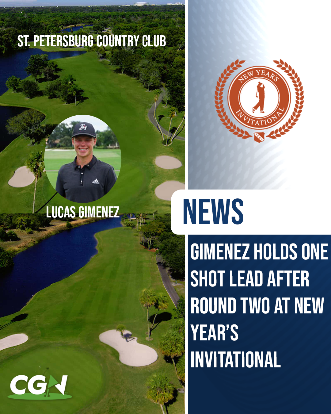 Aerial view of St. Petersburg Country Club with Lucas Gimenez featured as he holds a one shot lead after round two of the New Year’s Invitational.