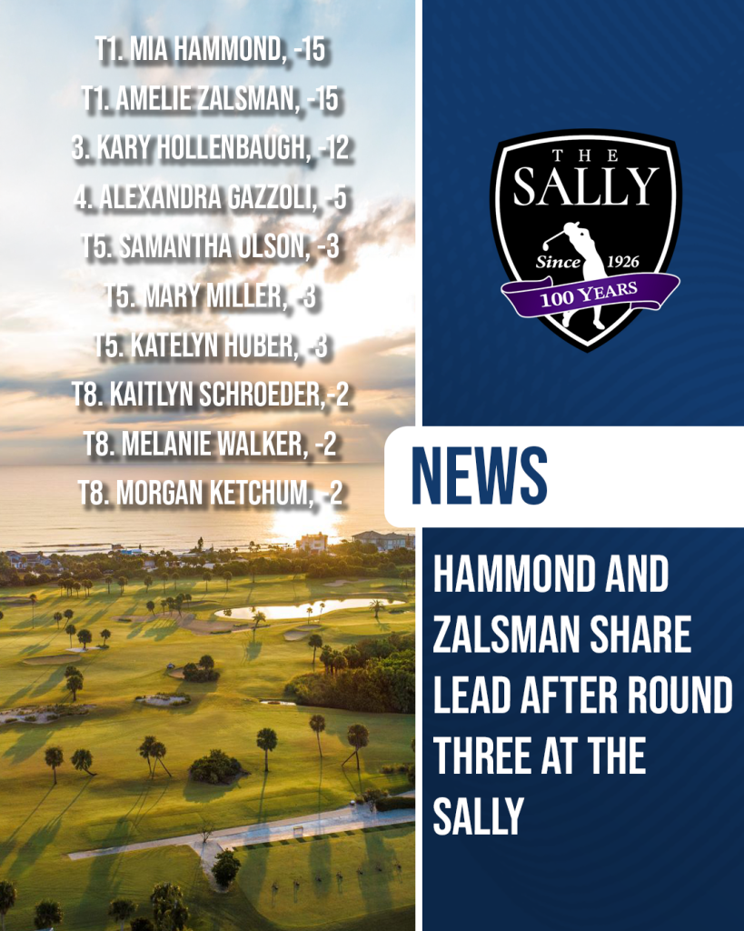 Leaderboard graphic showing Mia Hammond and Amelie Zalsman tied at fifteen under par after round three of the South Atlantic Women’s Amateur at Oceanside Country Club.