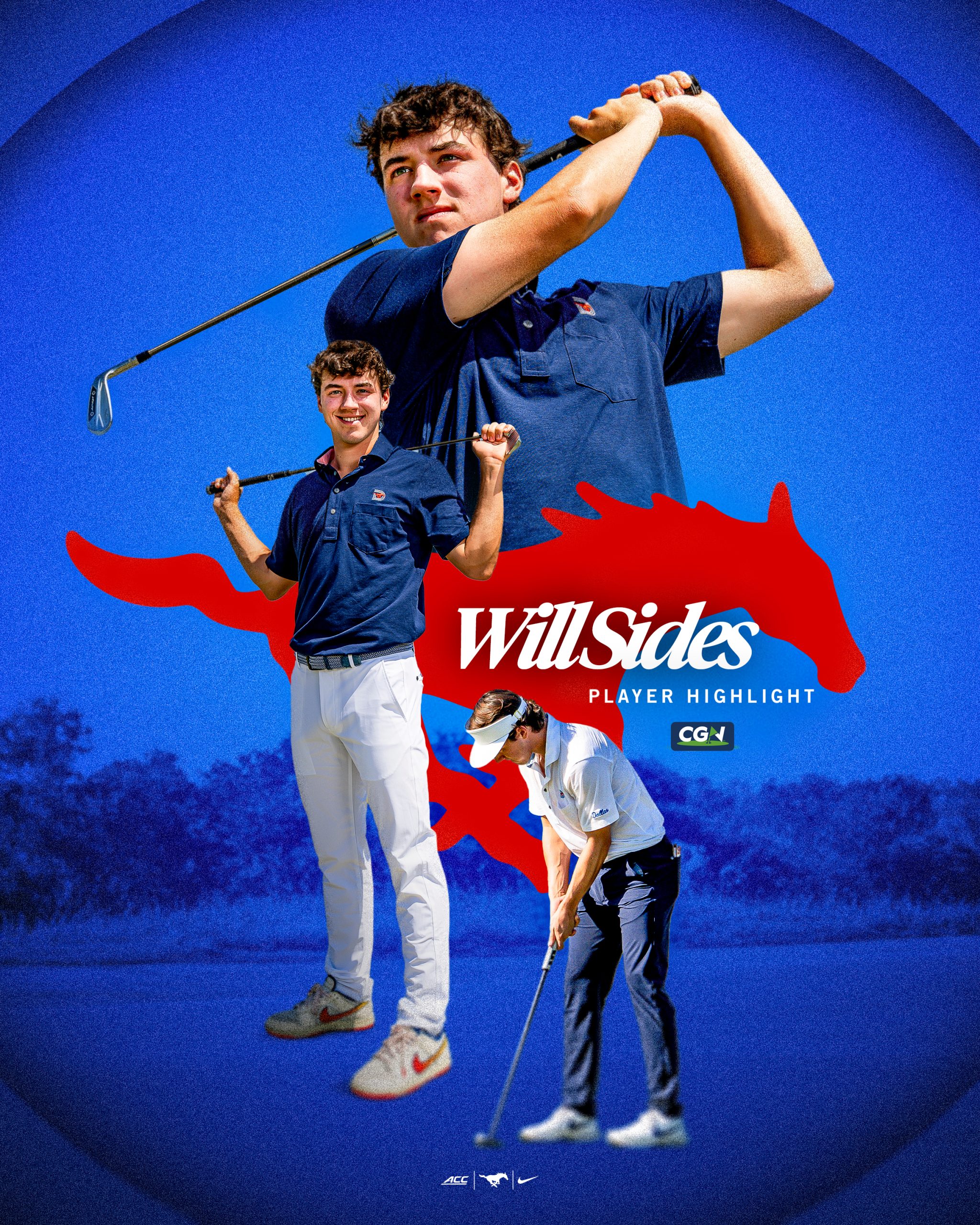 SMU senior golfer William Sides featured in a CGN Player Highlight graphic with multiple action shots, including a full swing follow through and putting, set against a blue background with SMU branding.