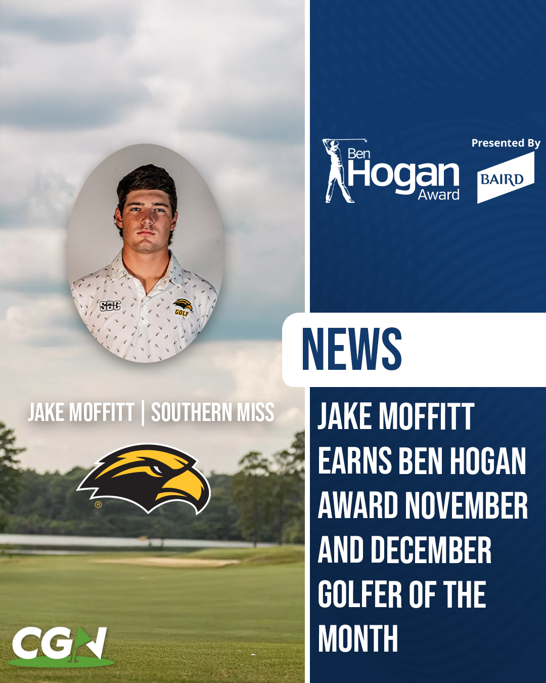 Jake Moffitt of Southern Miss pictured in a CGN news graphic after earning Ben Hogan Award November and December Golfer of the Month honors.