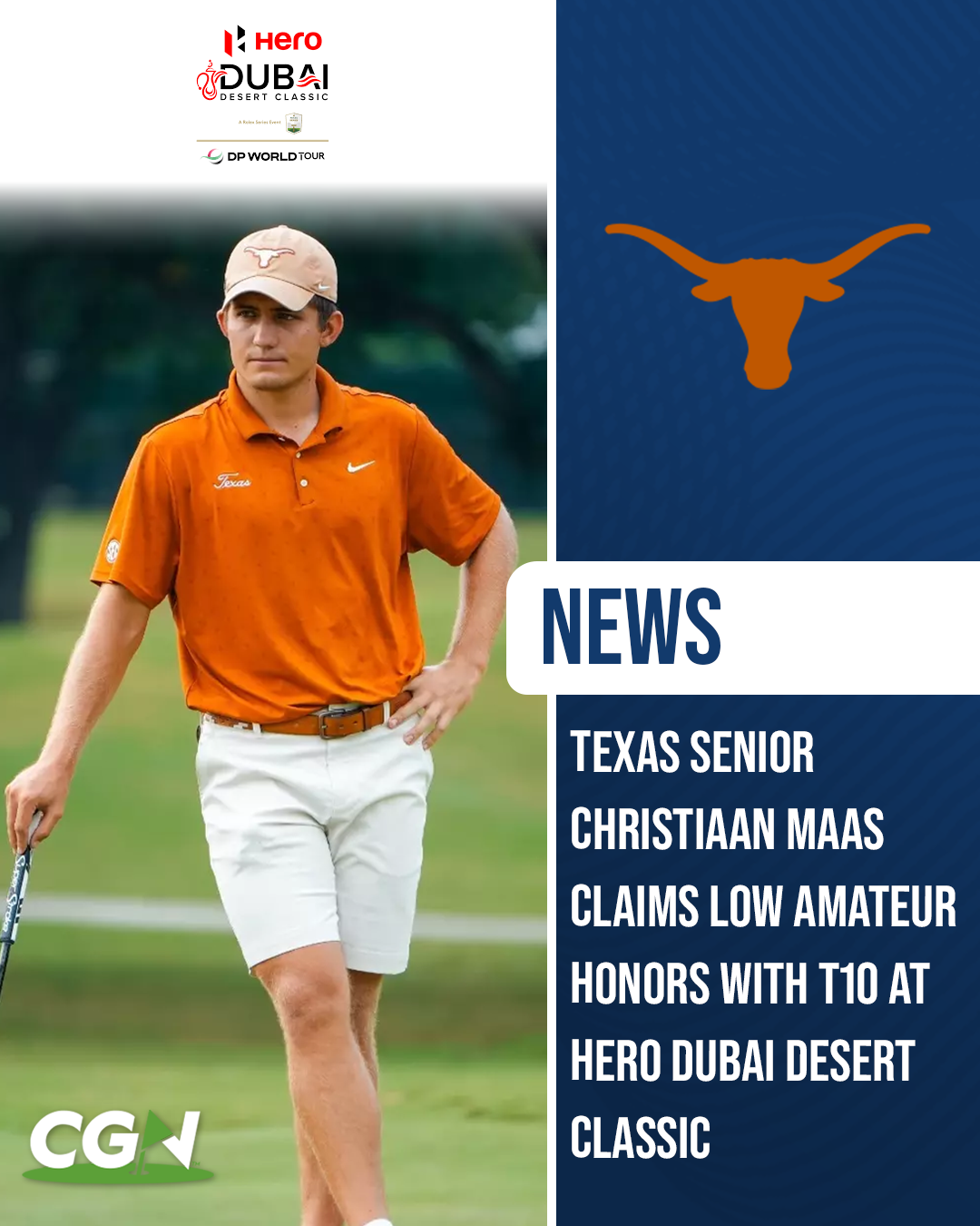 Texas senior Christiaan Maas walking on the fairway during the Hero Dubai Desert Classic after earning low amateur honors with a top 10 finish