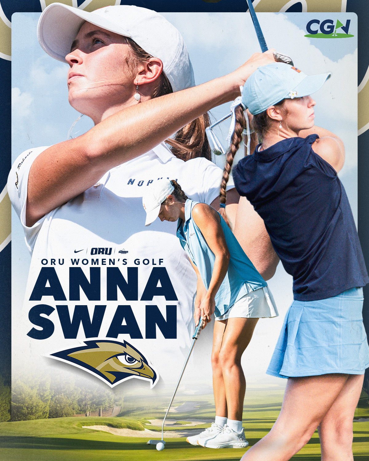 Anna Swan of ORU Women’s Golf in action during CGN Player Highlight feature, shown swinging and putting in composite graphic with ORU branding.