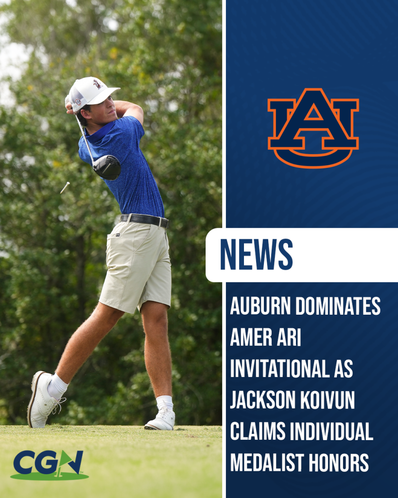 Auburn golfer Jackson Koivun follows through on a tee shot during the Amer Ari Invitational with Auburn logo and CGN News graphic.