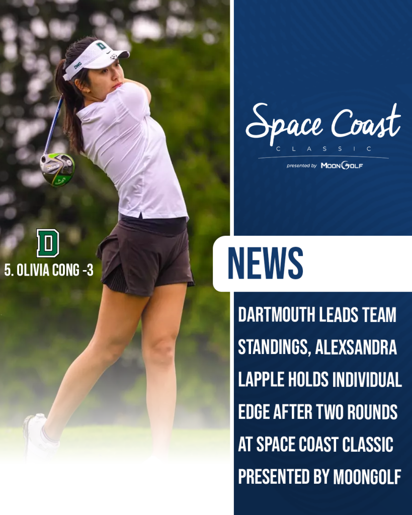 Olivia Cong of Dartmouth follows through on a tee shot during the Space Coast Classic Presented by MoonGolf at Duran Golf Club, with graphic text noting Dartmouth leads the team standings after two rounds.