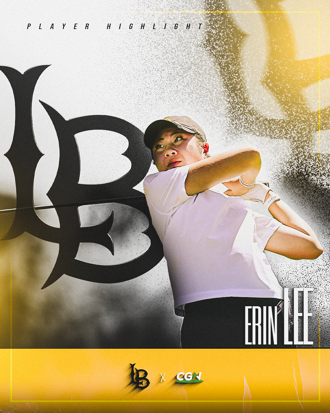 Long Beach State junior Erin Lee follows through on a tee shot during a CGN player highlight graphic featuring the LBSU logo.