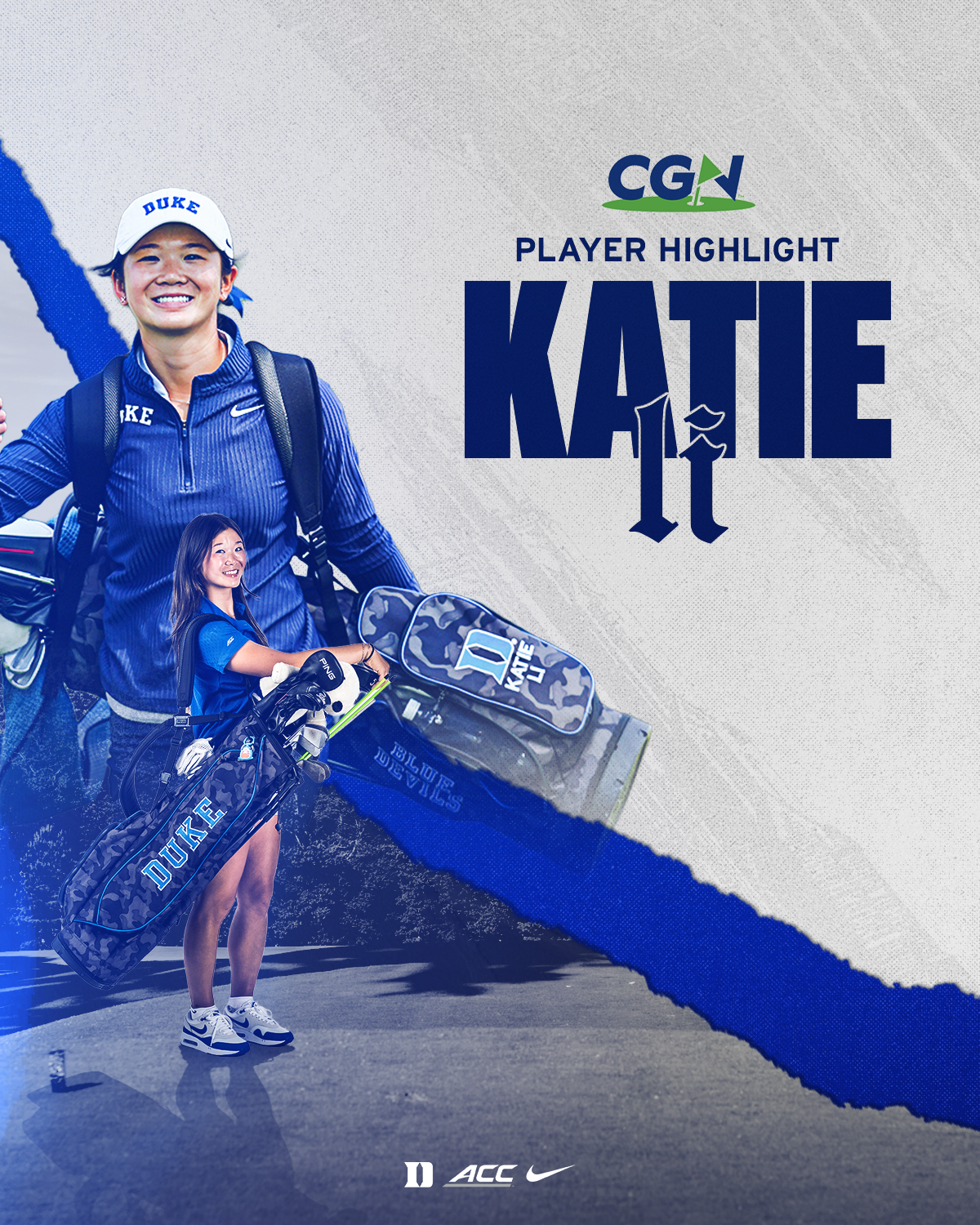 Katie Li of Duke Women’s Golf featured in a CGN Player Highlight graphic holding her Duke golf bag with ACC and Nike logos displayed