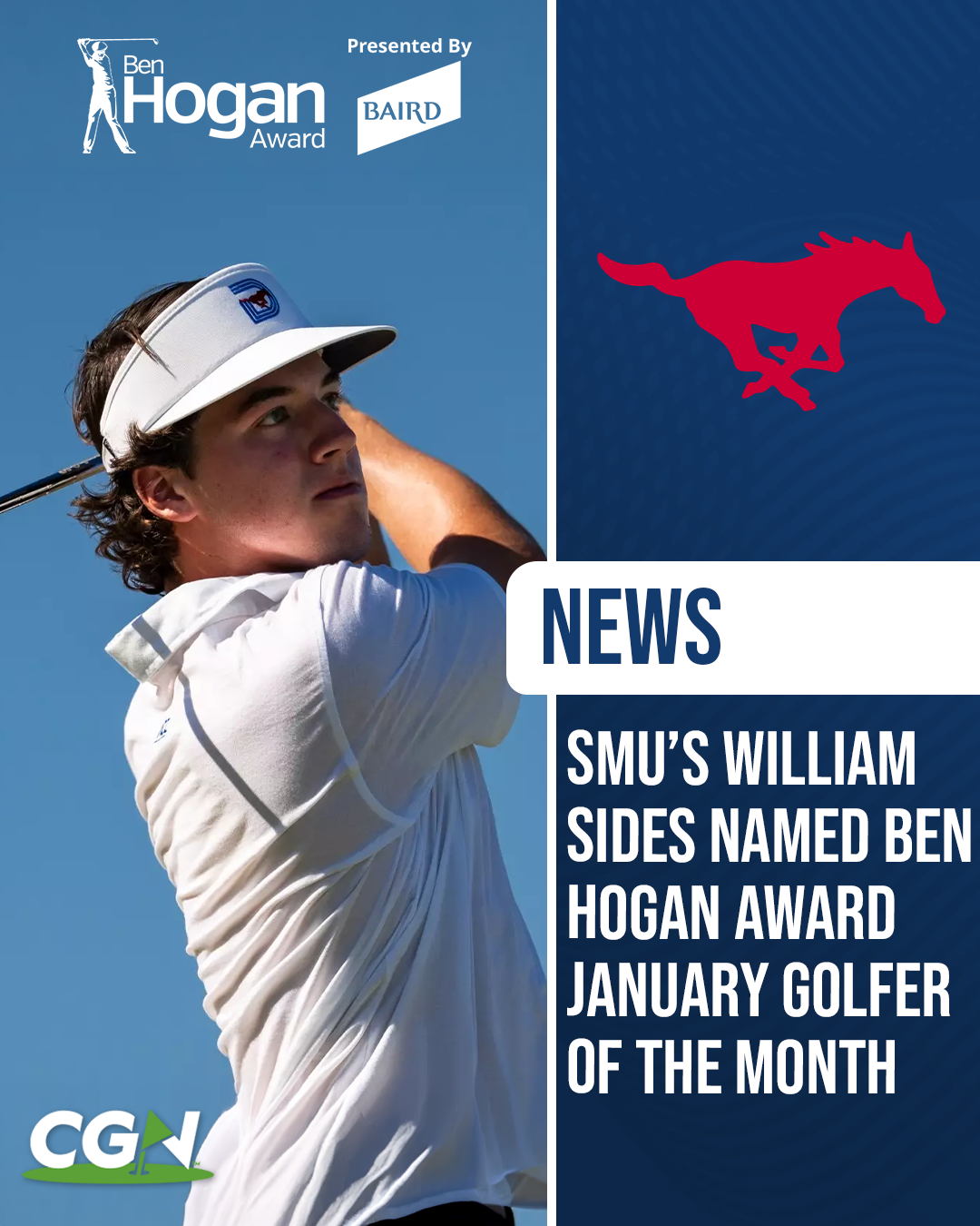 CGN graphic of SMU golfer William Sides, featuring the Ben Hogan Award logo and SMU Mustangs logo, announcing him as the Ben Hogan Award January Golfer of the Month.