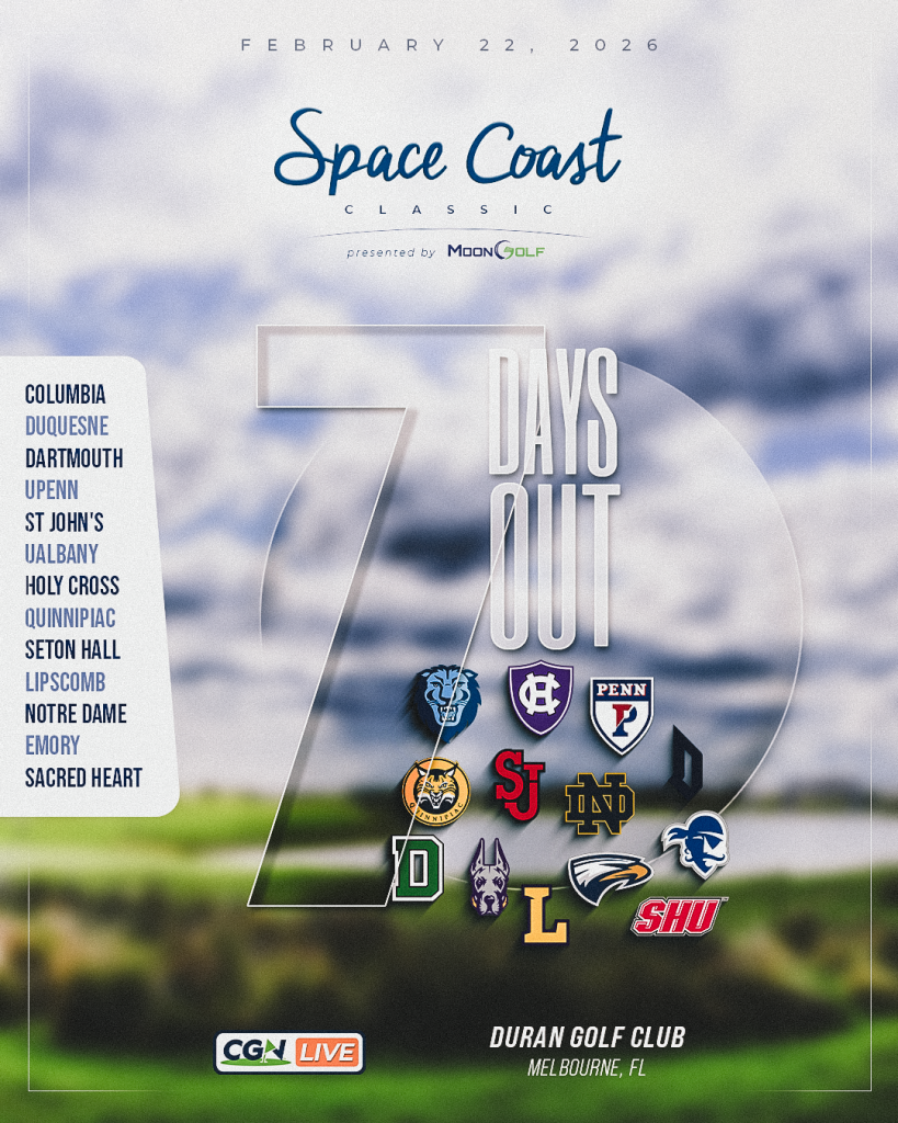 Space Coast Classic Presented by MoonGolf promotional graphic showing seven days out from the event on February 22, 2026 at Duran Golf Club in Melbourne, Florida, featuring a list of participating teams and multiple school logos with CGN LIVE branding.