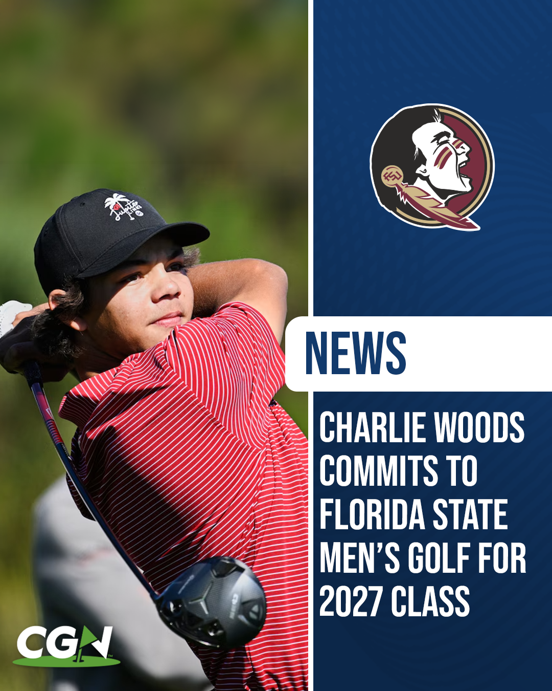 Graphic featuring Charlie Woods swinging a golf club with Florida State’s Seminoles logo and text announcing his commitment to Florida State men’s golf for the 2027 class.