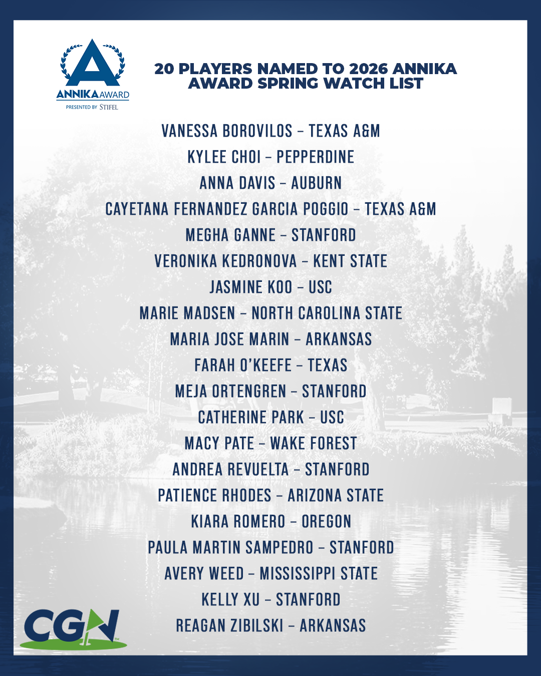 Graphic listing the 20 players named to the 2026 ANNIKA Award Spring Watch List presented by Stifel, featuring collegiate golfers from programs including Stanford, Texas A and M, USC, Arkansas, Auburn, and others.