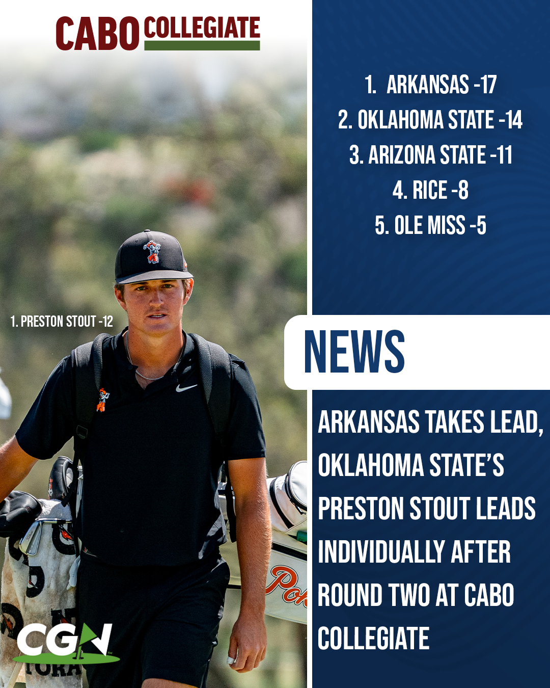 Oklahoma State golfer Preston Stout walking with his golf bag during the Cabo Collegiate with Arkansas leading the team standings and Stout leading individually after round two.