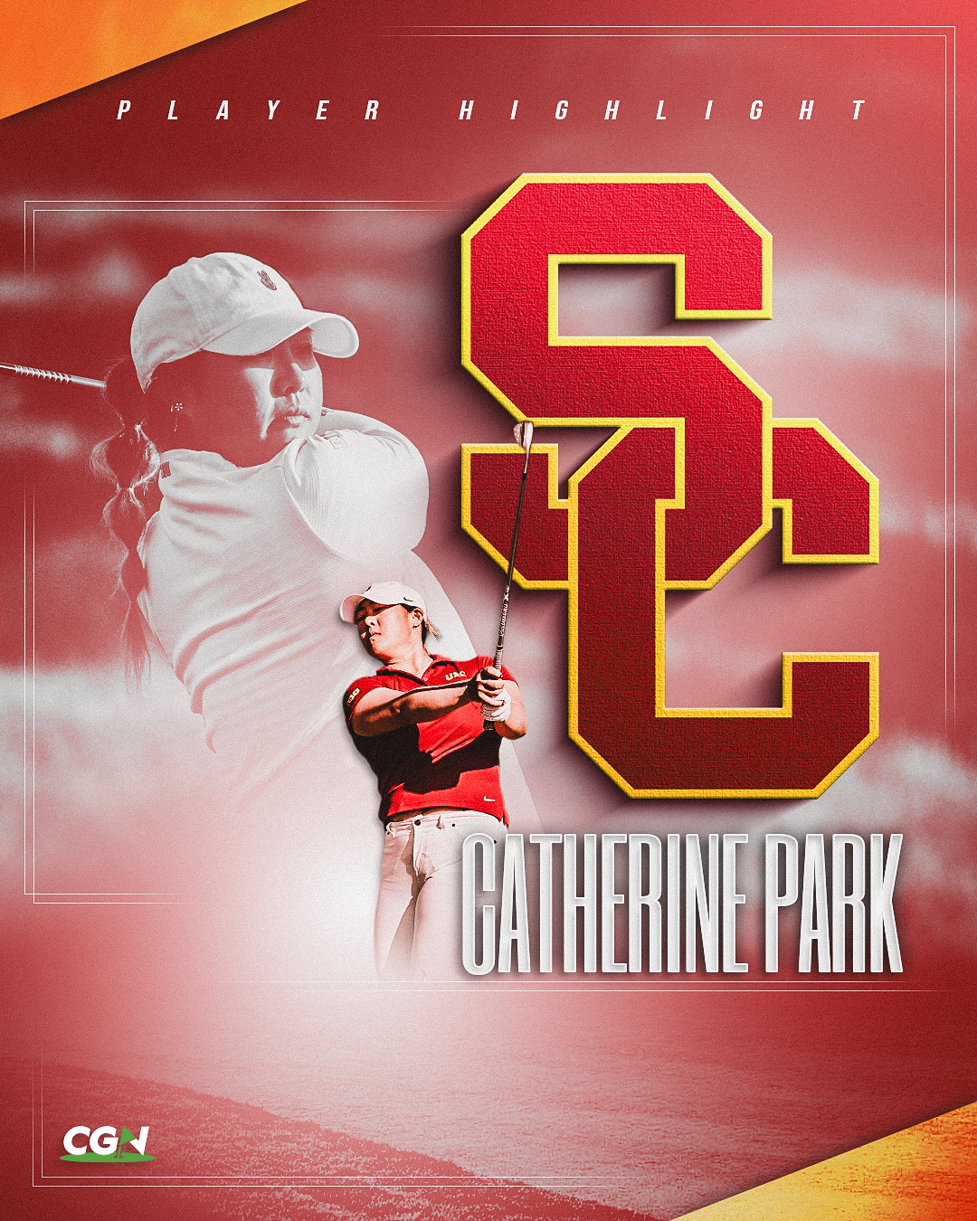 USC women’s golfer Catherine Park featured in CGN player highlight graphic ahead of the GameAbove Golf Invitational at Rolling Hills Country Club