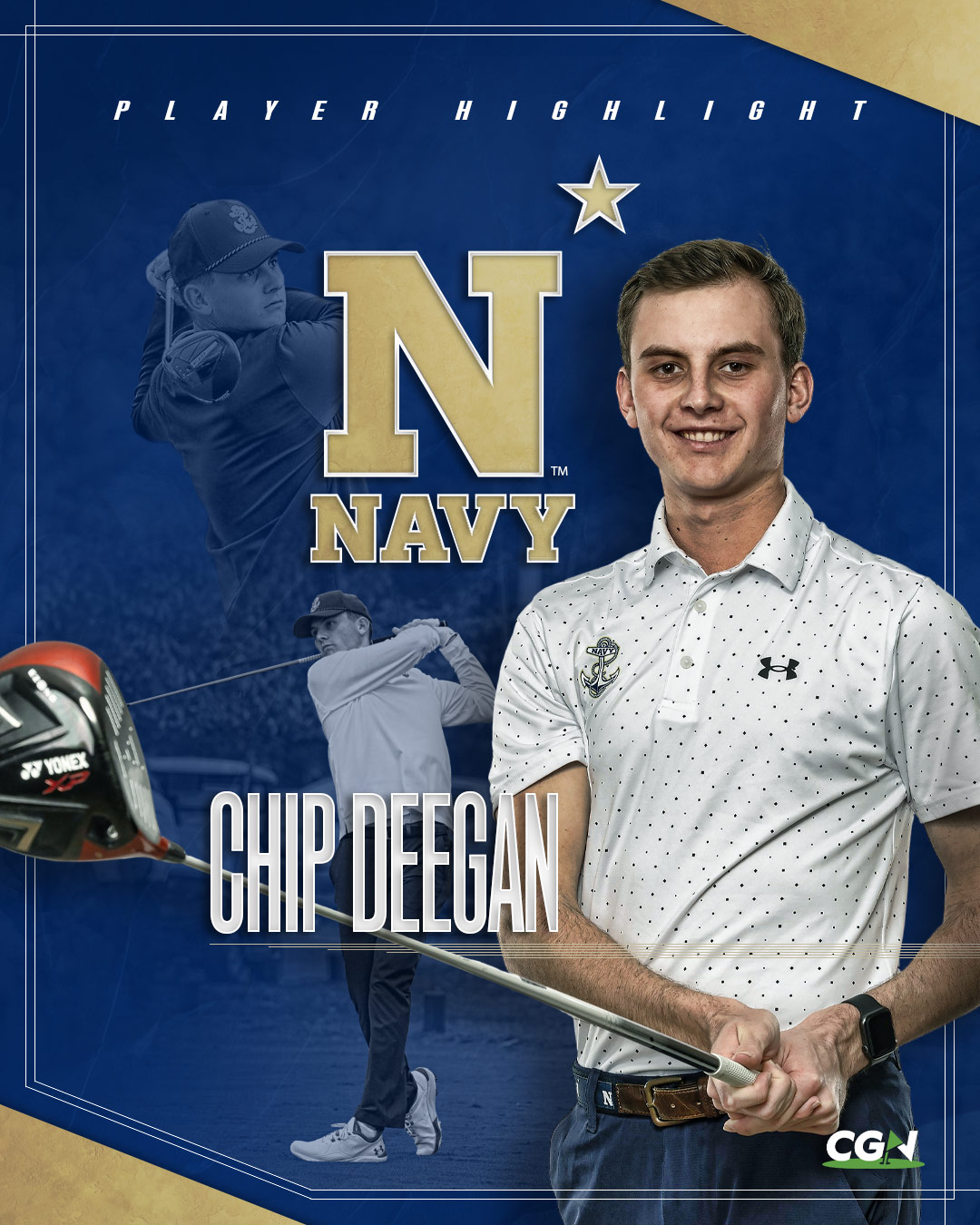 Chip Deegan Navy men’s golf player highlight graphic featuring portrait and action shots in Navy uniform