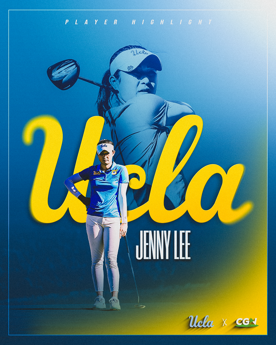 UCLA women’s golfer Jenny Lee featured in a CGN player highlight graphic wearing a UCLA visor and holding a putter on the course.