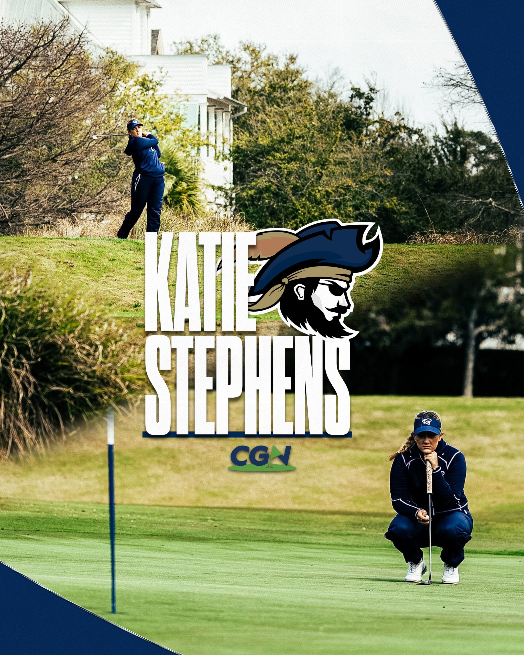 Charleston Southern senior golfer Katie Stephens reading a putt during a tournament round with a swing image in the background and CGN player feature graphic