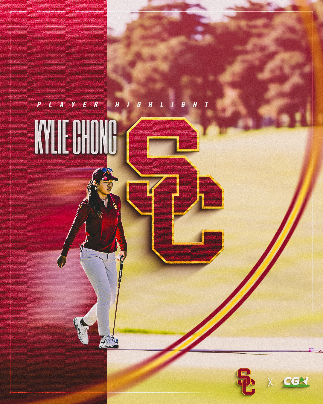 USC women’s golfer Kylie Chong featured in a CGN player highlight graphic wearing a USC uniform and holding a putter with the USC logo in the background.