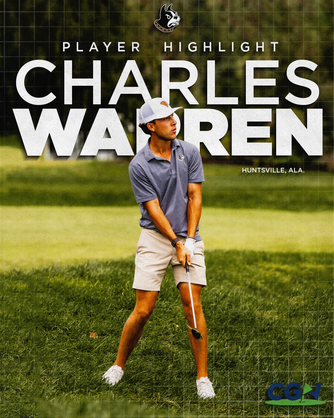 CGN player highlight graphic featuring Wofford golfer Charles Warren on the course with his name and hometown displayed.